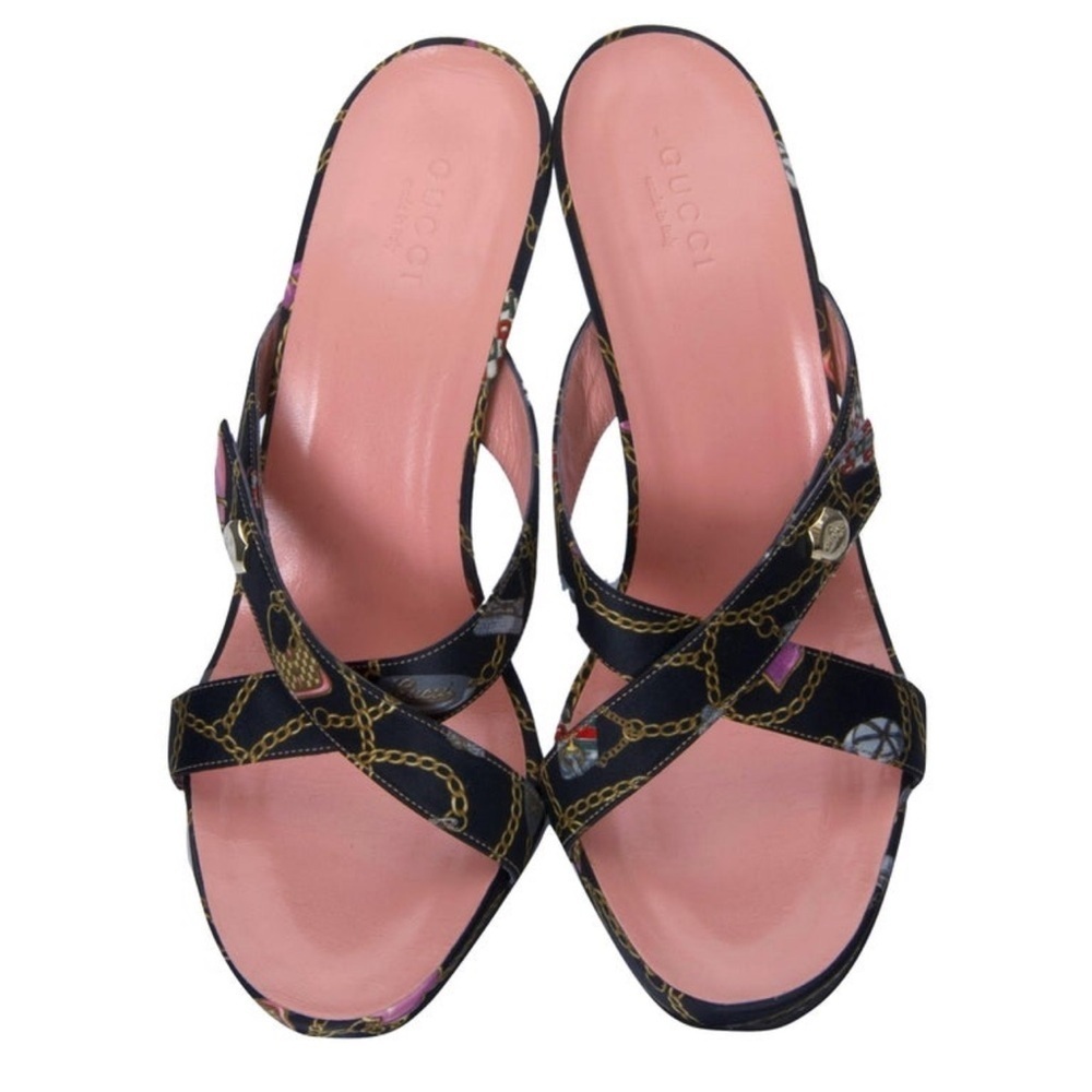 GUCCI Tom Ford For Gucci Vintage Chain Logo Satin Slide Heels size 7